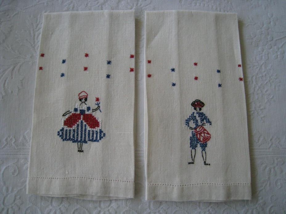 2 Vintage Embroidered Hand Towels Red White Blue Patriotic Colonial People