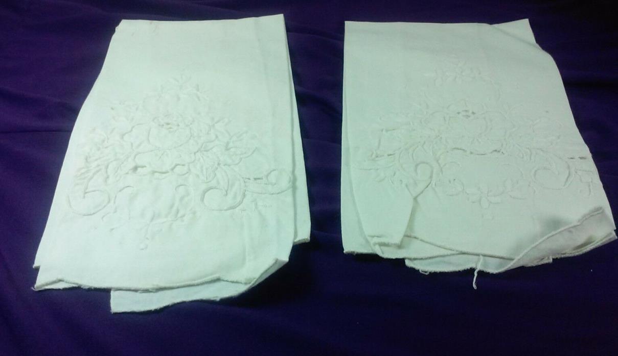 2 PRETTY VINTAGE COTTON HAND TOWELS EMBROIDERED WITH OPEN DRAWN WORK