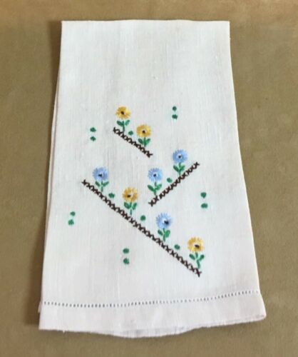 Vintage Guest Towel Or Tea Towel, Peach, Flower Embroidery, Blue, Brown, Green