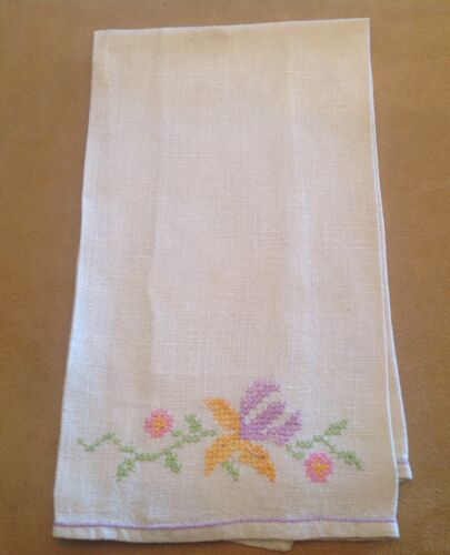 Vintage Tea Or Guest Towel, Linen, Flower Embroidery, Very Light Blue, Multi