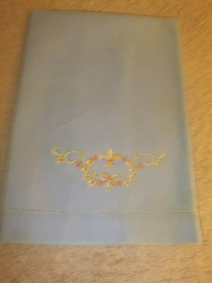 Vintage Bathroom Towel Linen Blue w/Embroidery Flowers & Hemstitched  #107BRT