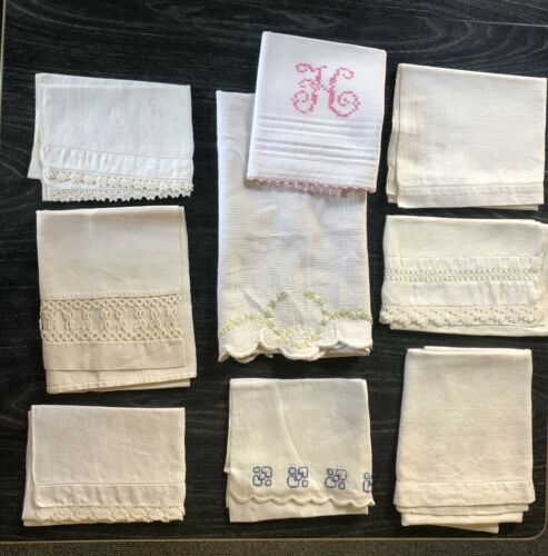 Lot of 9 Vintage Bath Hand Towels Huck Cotton Towel Lace Monogrammed Embroidery