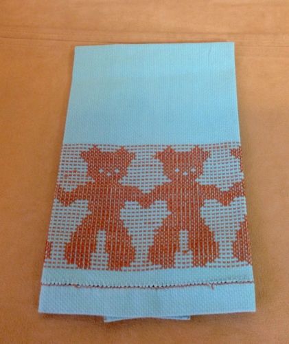 Vintage Guest Towel, Tea Towel, Turquoise Blue With Brown Teddy Bear Embroidery