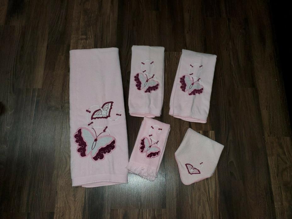 VTG FIELDCREST TOWEL SET Pink Embroidered Butterflies 1 Bath 3 Hand 1 Washcloth