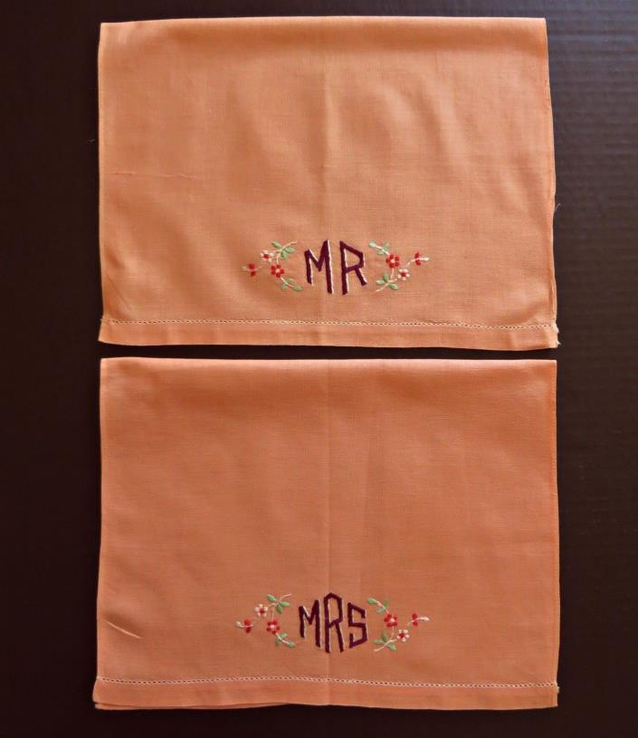 Vtg Linen Fingertip Hand Towel Mr Mrs Set Pair Embroidered Peach Pink Guest Tea