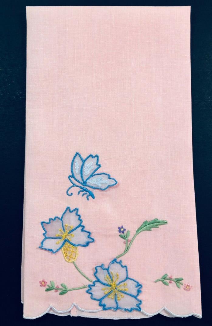 VINTAGE Embroidered Appliqued Linen Guest Towel - PINK with Flowers Butterfly