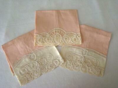3 Lovely Vintage PINK Battenberg Lace Trimmed Linen Hand Towels, Unused