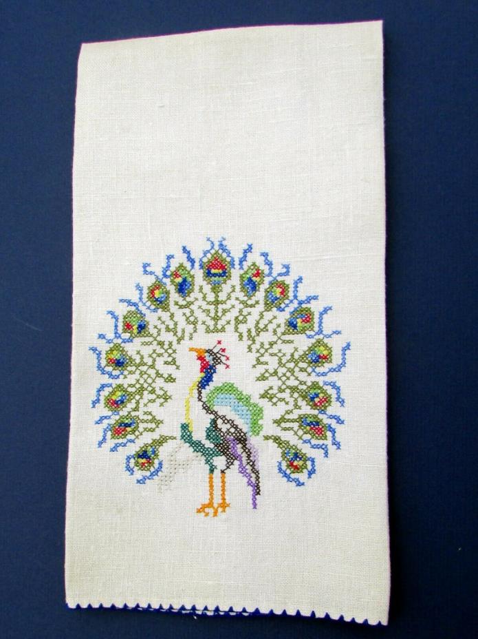Vintage Linen Hand Towel, Embroidered Peacock, Fine Stitches - Now 25% Off!