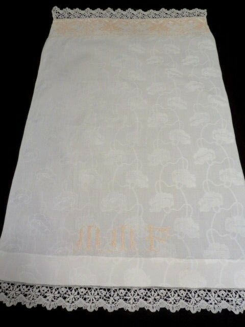Antique Vtg White LINEN Damask Towel Monogram MMF or MMP 24x40