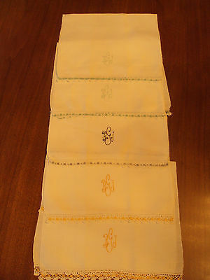 Set of 5 Vintage Linen White Guest Towels With Monogram of BGJ