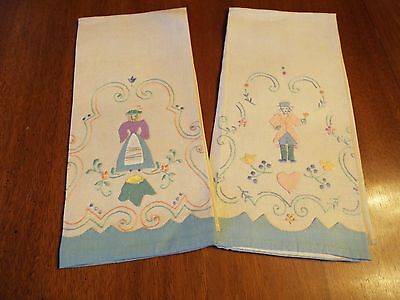 Set 2 Vintage Matching Man and Woman Hand Embroidered and Appliqued Guest Towels