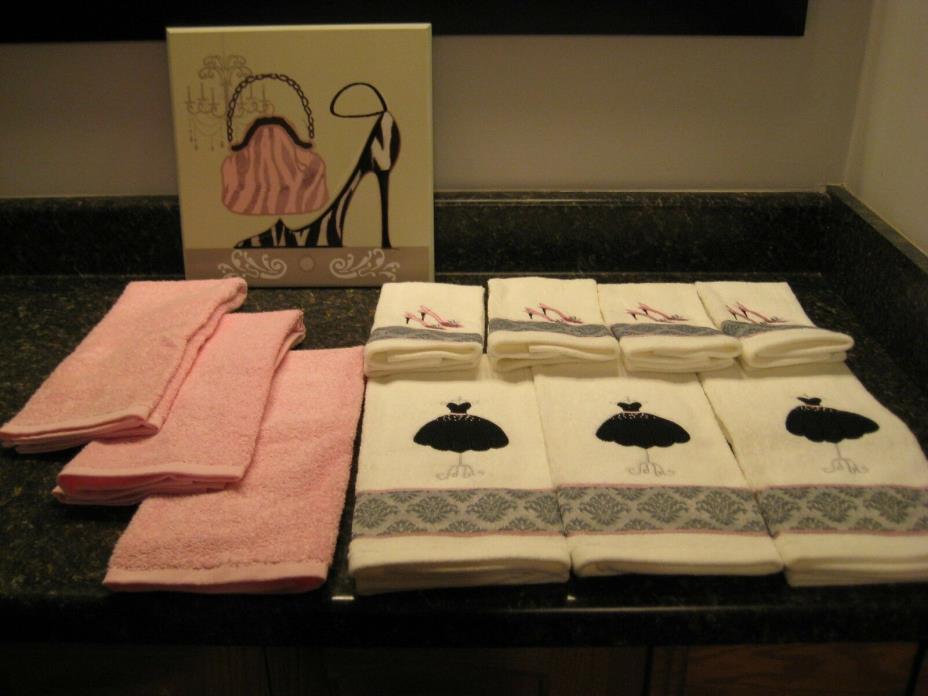 3 Hand Towels w/Dress Design~3 pink~4 Finger Tip Towels w/ High Heels & Picture