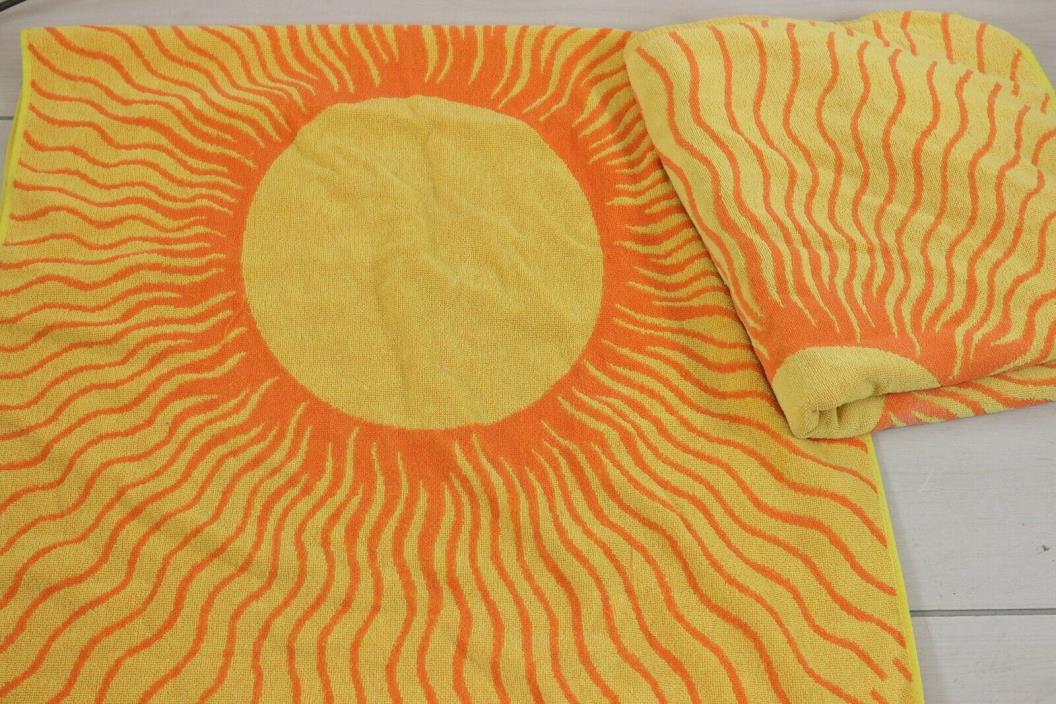 Set 2 Vintage 1970's Cotton Groovy Orange Yellow Shining Sun Radiant Bath Towel