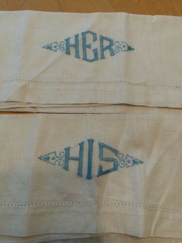 Set of 2 Vintage Cotton  Embroidered His & Her Guest Towels Blue