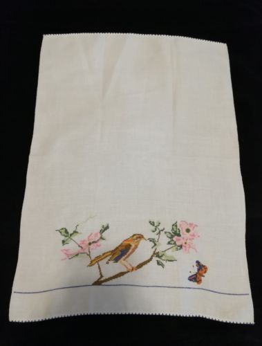 Vintage Ivory Linen Cross Stitched Bird Design Guest Towel