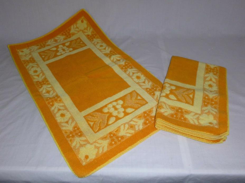 Pr Vtg Stevens Utica Orange Yellow Thick Sculpted Floral Hand Towels