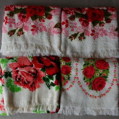 4 Floral Rose Hand Towels Vintage 34