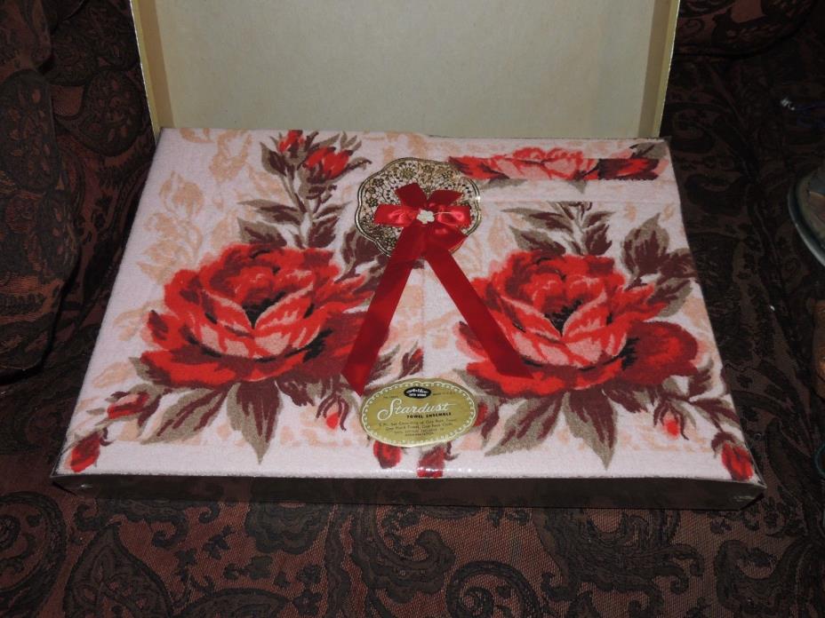 VINTAGE STARDUST TOWEL 3 PIECE SET RED ROSES IN GIFT BOX USA 100% COTTON