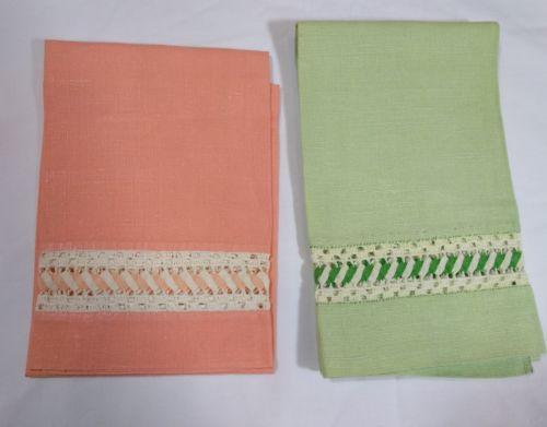 Vintage Handmade Linen Crochet Tea Guest Kitchen Towel Set Pair Peach Mint Green