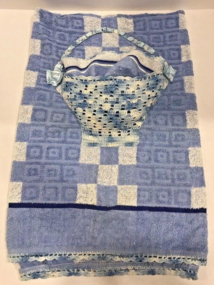 Vintage Cannon Blue White Towel Wash Cloth Set Crochet Basket Holder For Cloth