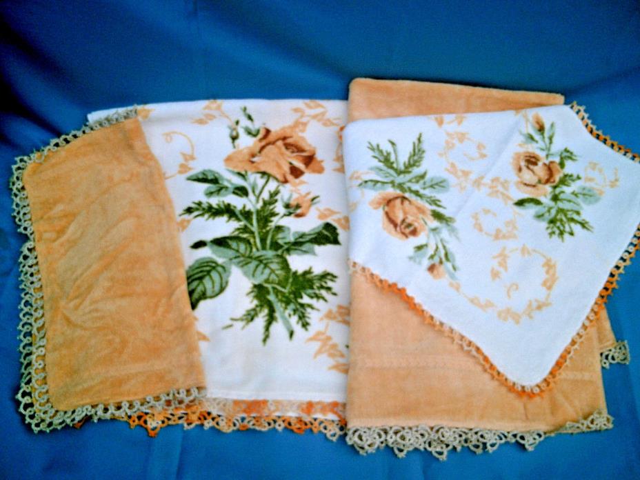 VINTAGE 1943 MARTEX NEW Set Of 2 Towels & Washclothes Terri-Down w/ Tatting Rose