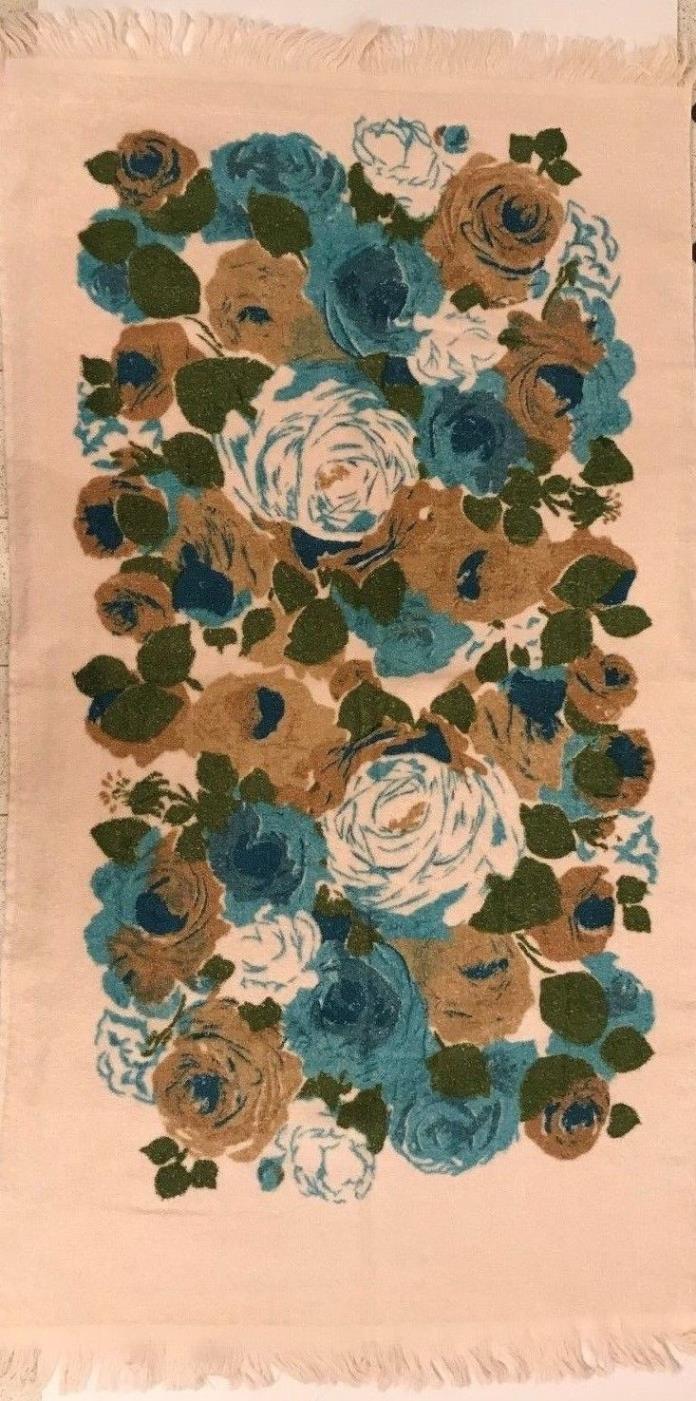 vintage lot of 2 1960's bath towels, blue and olive flowers on white