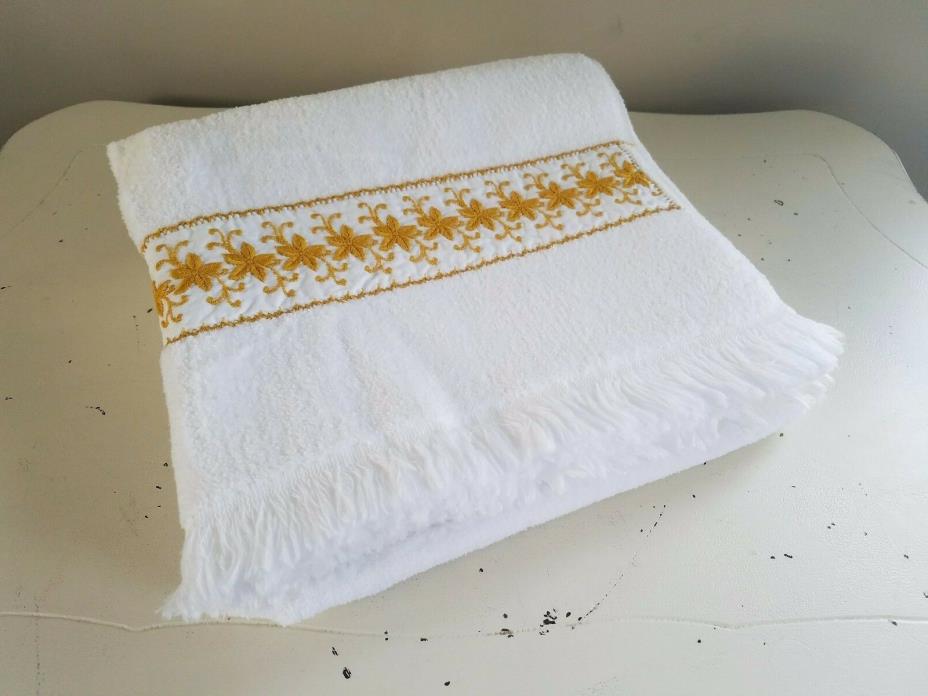 (2) Vintage Mid Century Bath Towel Set White COTTON Loop Embroidered GOLD Trim