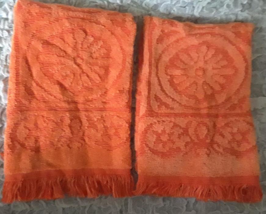 Vtg SEARS Drylon 2 Fingertip Guest Hand Towels Orange MOD Floral Scroll EUC HiLo