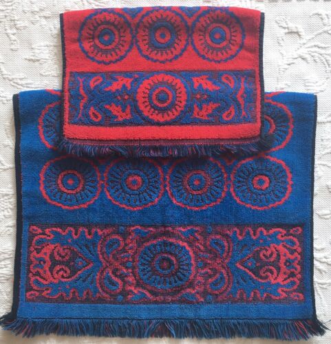 Vintage Fieldcrest Sculpted Hand Towel Set ~ Retro Mid Century ~Red & Blue