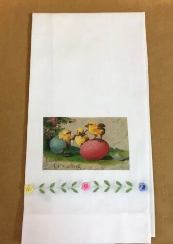 Tea Towel Or Guest Towel, Printed Easter Greeting Design, Embroidered Flowers