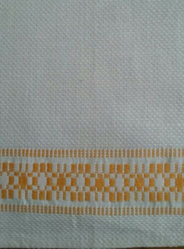 NOS VINTAGE HOMESPUN LINEN TOWEL WITH GOLDENROD YELLOW BANDS