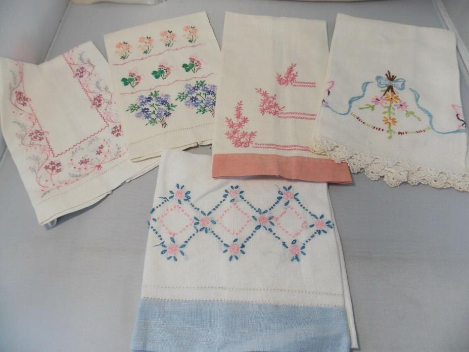 Lot of 5 Vintage Cotton/ Linen Embroidered Hand Towels