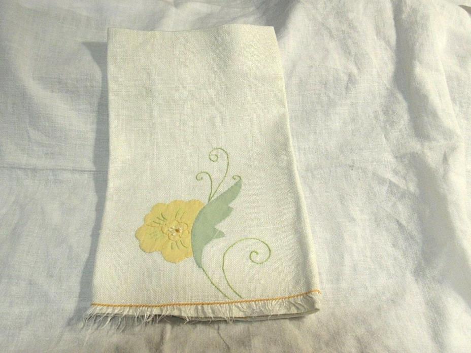 Vintage Pure Linen Fingertip Towel Applique Yellow Flower Fringed