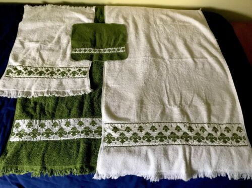 Wamsutta Vintage Avocado Green/White Towel Set Hand/ 2Bath Towels/wash Cloth
