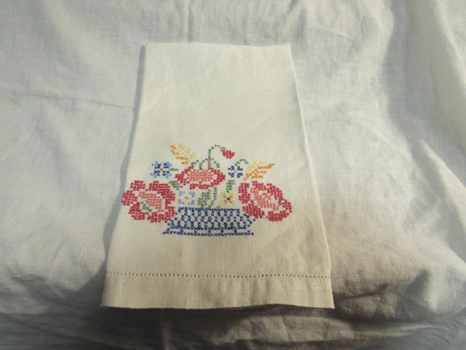 Vintage Pure Linen Fingertip Towel Embroidered Bowl of Flowers
