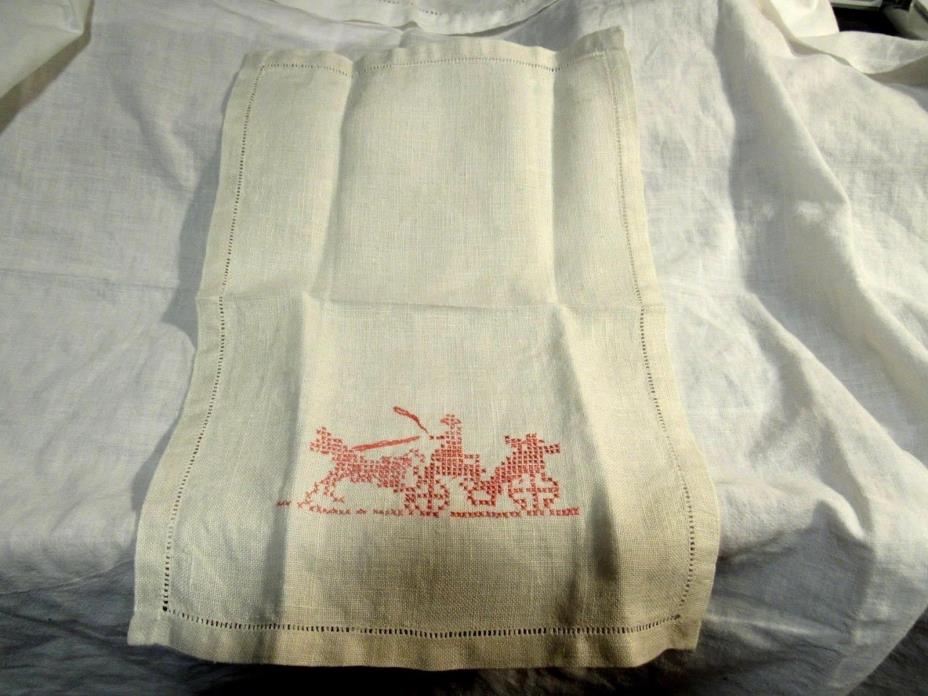 Vintage Pure Linen Fingertip Towel Embroidered Amish Man, Horse, Buggy