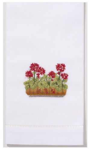Geraniums 100% Cotton Hand Embroidered Guest Hand Towel NWT