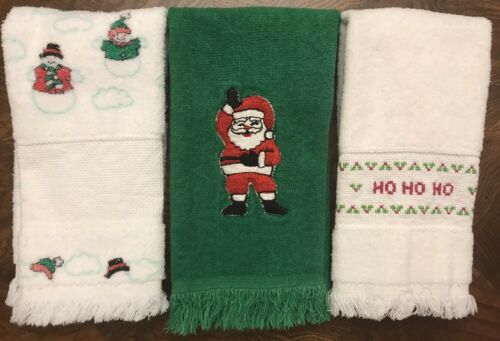 3 Vintage Christmas Finger Tip Towels Hand Towels Holiday Cotton Santa Snowman