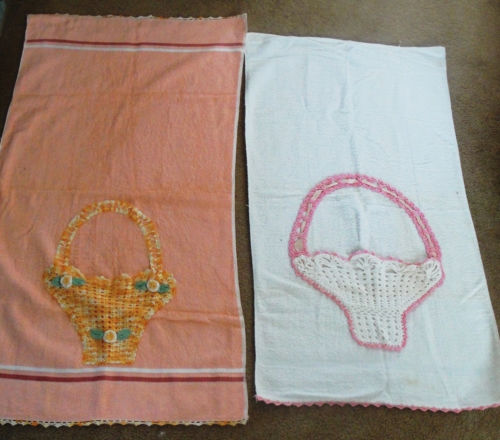 Vintage Terry Cloth Bath Towels with Crocheted Basket Pockets