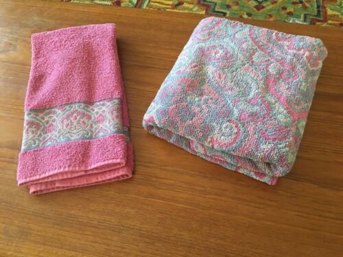 Vintage Bath Towel Hand Towel Set Fieldcrest Medallion Pink Gray Small