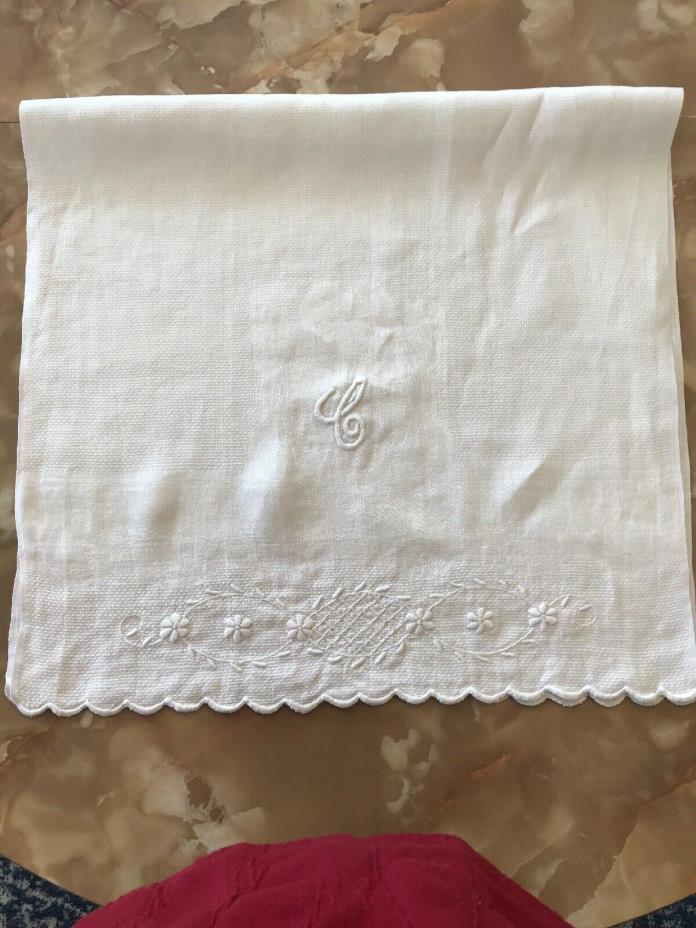 Vintage Antique Large Hand Towel, Embroidered, Monogrammed C, White, 19 x 30