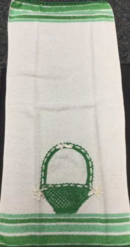 Vintage Towel Washcloth Bath Terry CANNON USA White Green Basket Crochet Edge