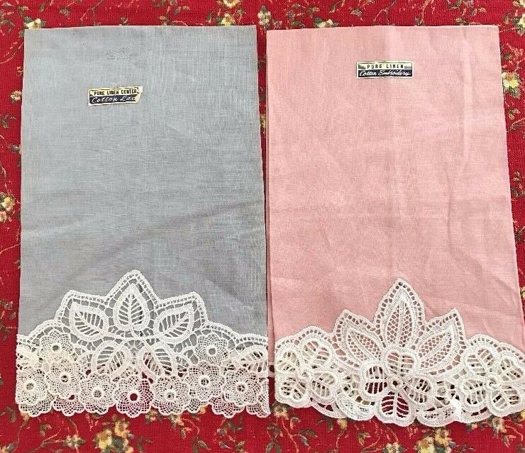 2 New Vintage Finger Tip Towels, Gray & Peach, Battenburg Lace, New Old Stock