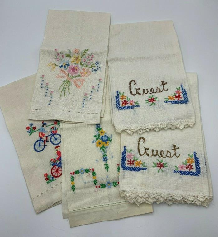 Vintage EMBROIDERED Linen CROSS STITCH Crochet Hand Fingertip GUEST TOWELS Lot 5