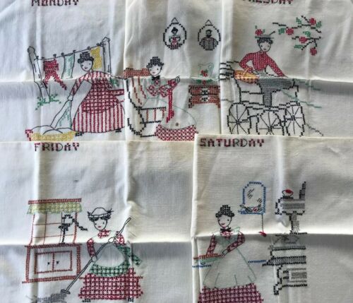 Partial Set of Vintage Cross Stitch Days of Week Kitchen Towels Black Red Ladies