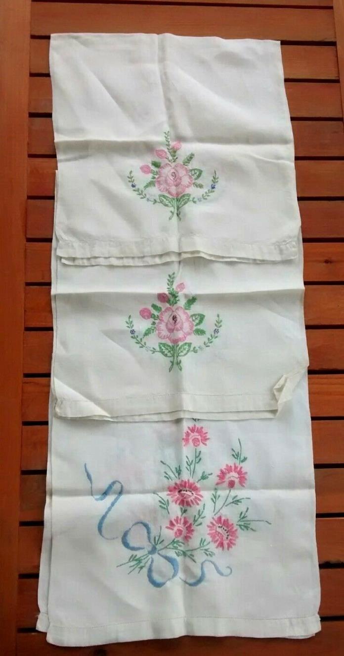 Vintage Hand Towel Lot Pink Flower Floral Linen Embroidered Guest Show