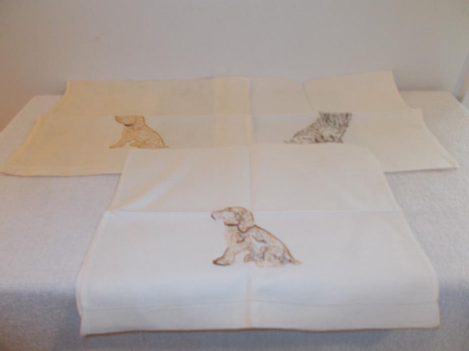 VTG 1940's -3 Linen Hand Towels With Embroidered Dog Designs, Unique