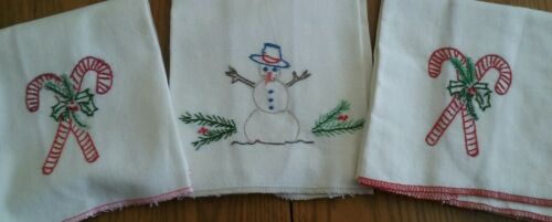 3 UNUSED VINTAGE CHRISTMAS TEA TOWELS - HAND EMBROIDERY ~ CANDY CANES ~ SNOWMAN