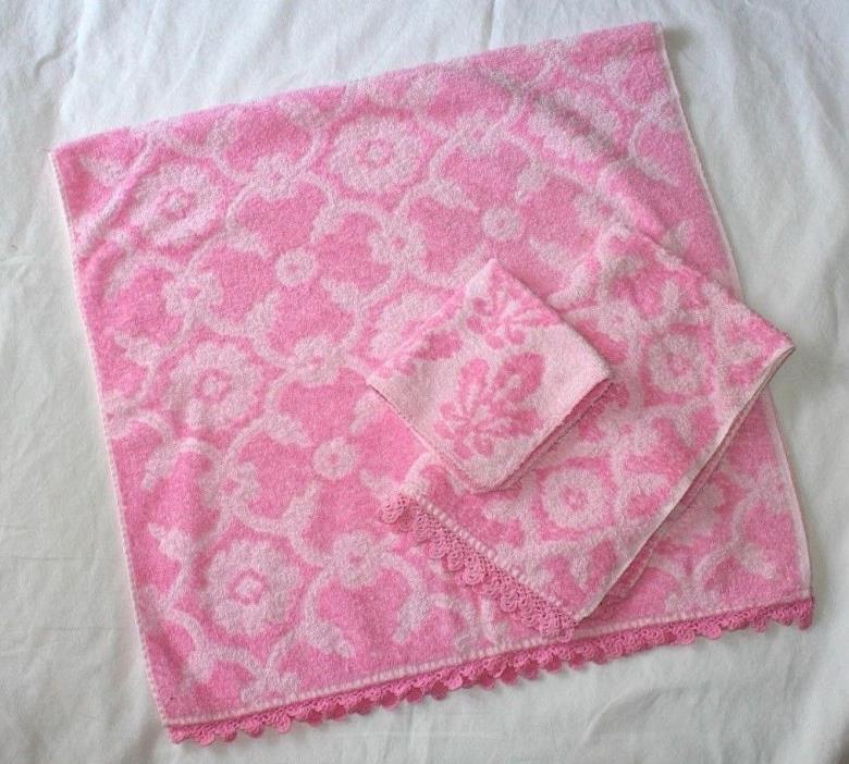 Vintage Cannon Towel Set Pink Crochet Trim Shabby Chic Cottage T04