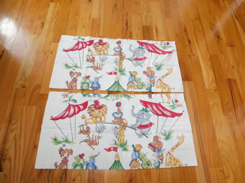 Bark Cloth Circus Curtains Pair Vintage Cat Poodle Giraffe Turtles Elephant